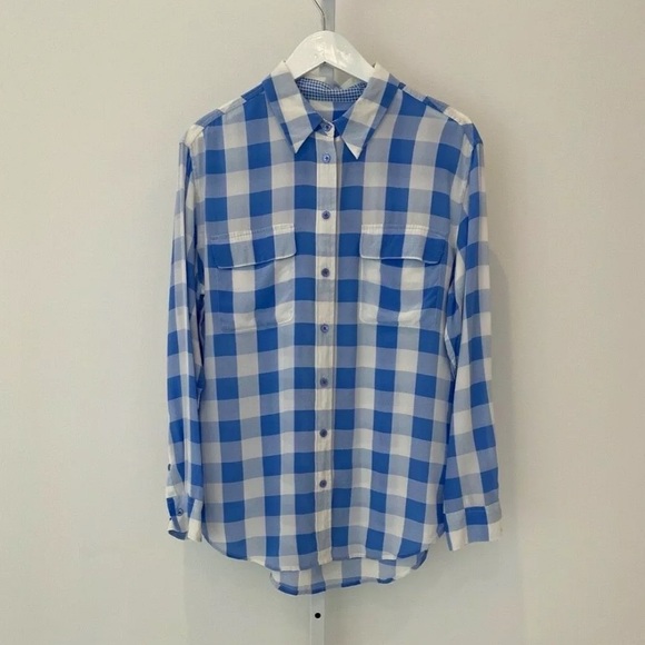 EQUIPMENT BLUE WHITE CHECKERED SILK SHIRT SIZE MEDIUM - Picture 6 of 17